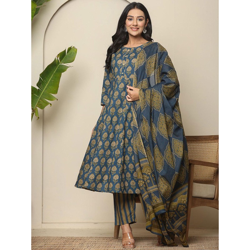 Yufta Floral Printed Pure Cotton Maternity Anarkali Kurta With Trousers & Dupatta