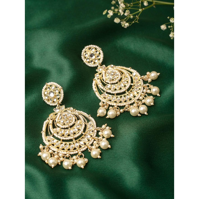Zaveri Pearls Gold-Plated White Crescent Shaped Drop Earrings
