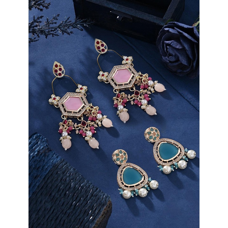 Zaveri Pearls Set Of 2 Gold Plated Kundan Austrian Diamond Drop Earrings