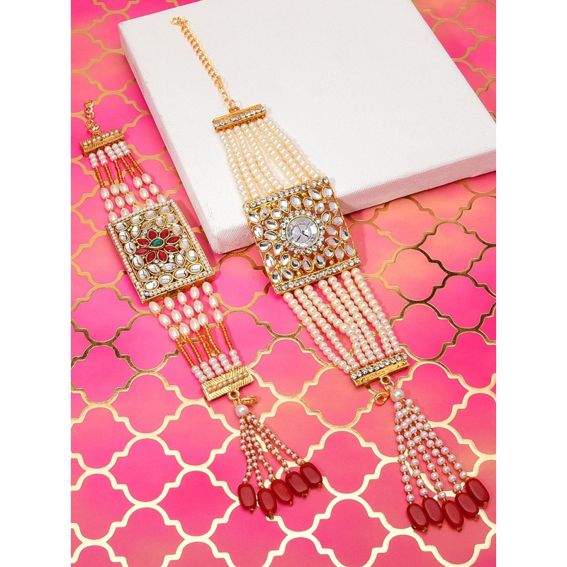 Zaveri Pearls Set of 2 Gold-Plated Kundan & Pearl Studded Wraparound Bracelets
