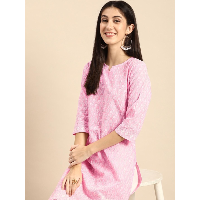 all about you Women Pink & White Ethnic Motifs Embroidered Chikankari Kurta