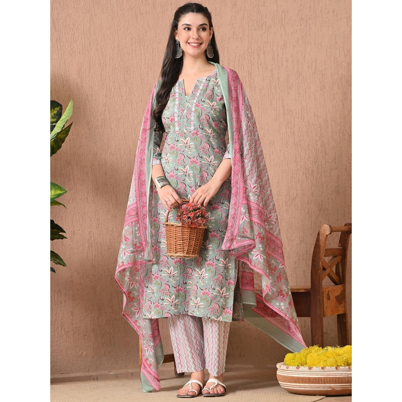 Anouk Women Grey Pure Cotton Kurta Sets