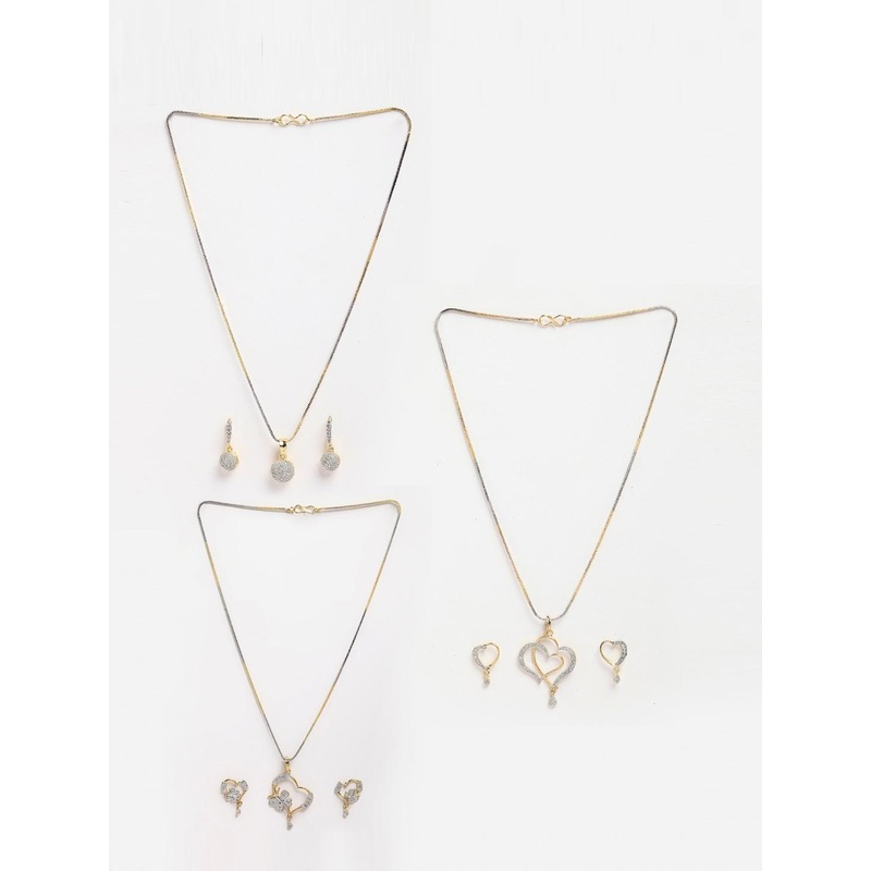 DressBerry Set Of 3 Gold-Plated CZ-Studded Heart Shaped Pendant With Chain & Earrings
