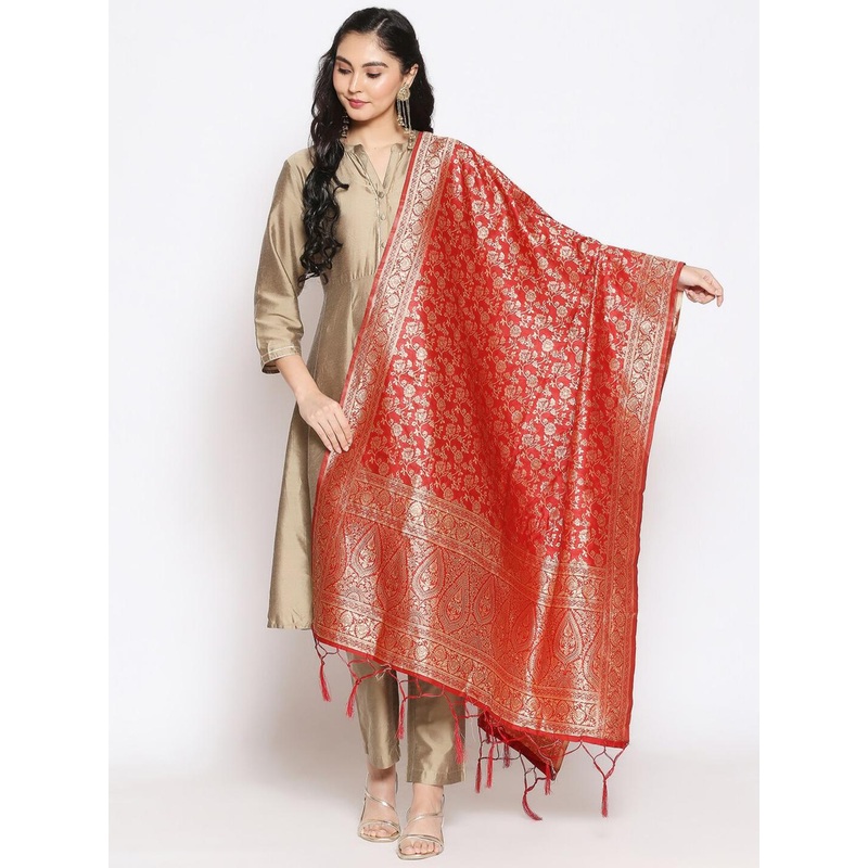 Dupatta Bazaar Red & Gold-Toned Woven Design Dupatta with Zari