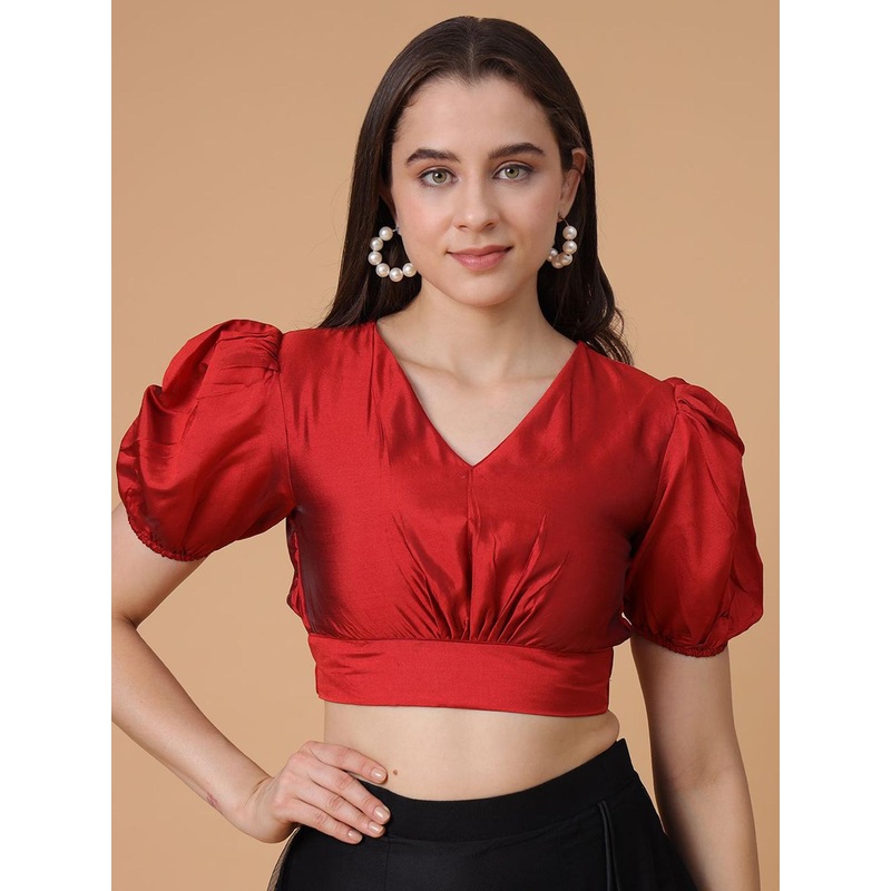 Frolic Rolic Maroon Silk Blend V-Neck Puff Sleeves Blouse