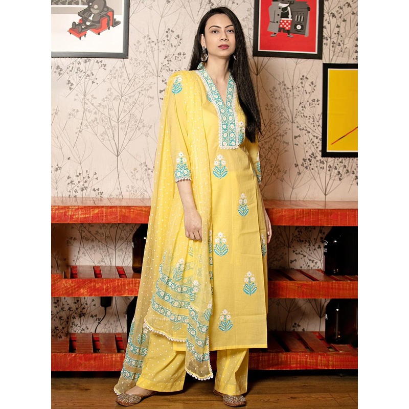 GoSriKi Floral Printed V-Neck Straight Kurta With Palazzos & Dupatta
