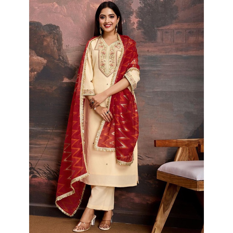 House of Pataudi Floral Embroidered V-Neck Straight Kurta With Trousers & Dupatta