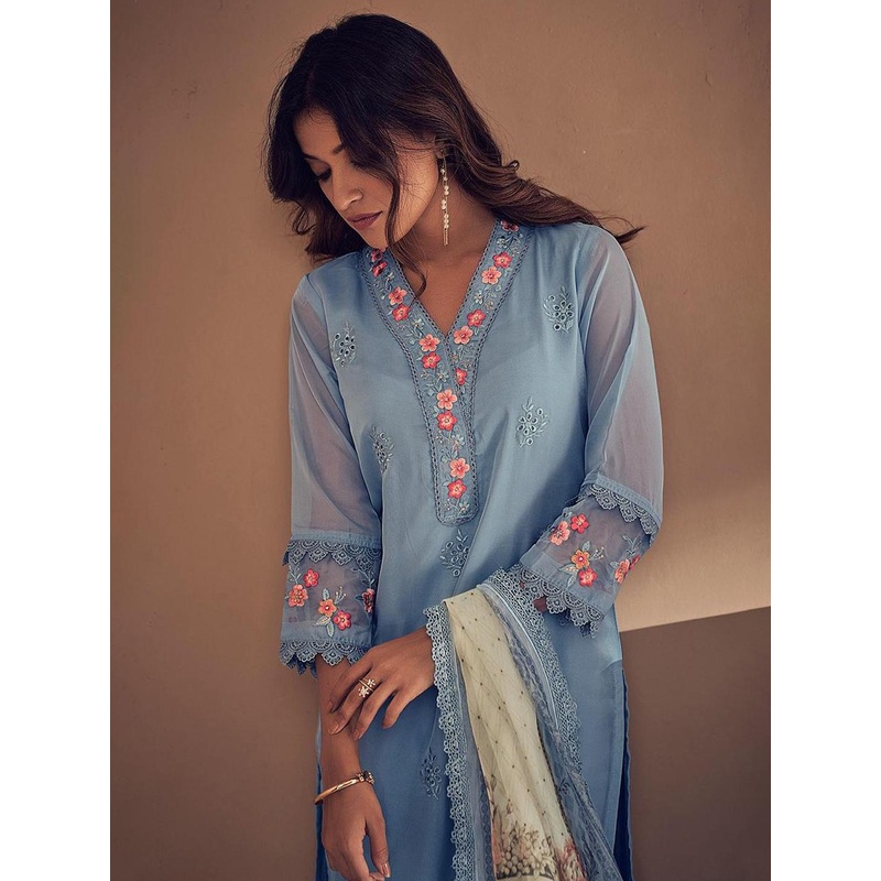 Indo Era Blue Floral Embroidered Thread Work Straight Kurta With Trousers & Dupatta