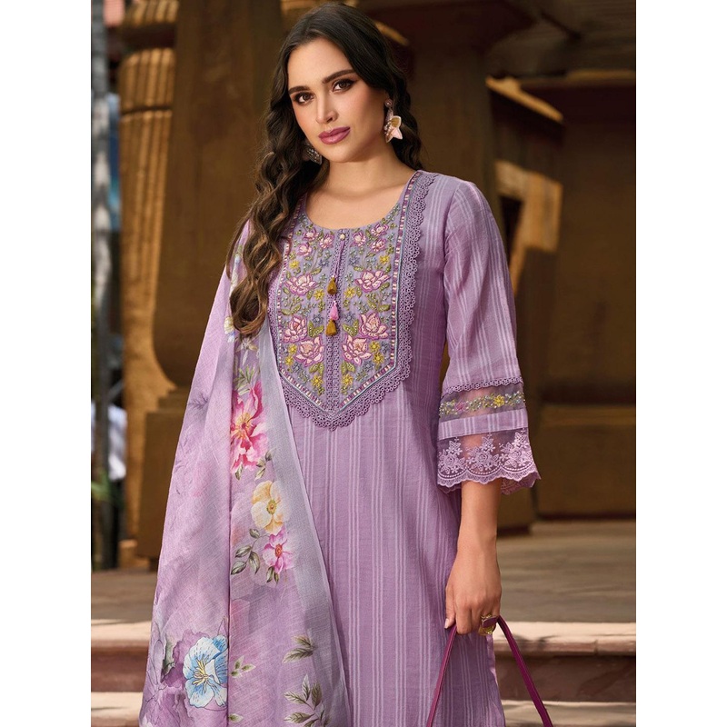 Indo Era Women Floral Yoke Design Thread Work Linen Kurta with Trousers & With Dupatta