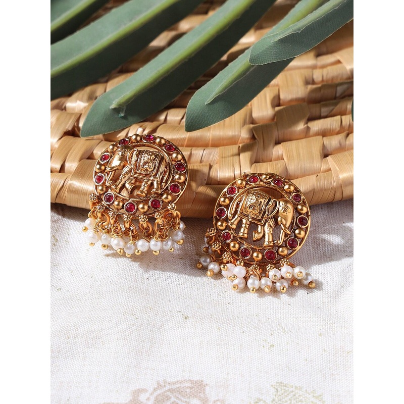 Jazz and Sizzle Red & Gold-Toned Elephant Shaped Drop Earrings
