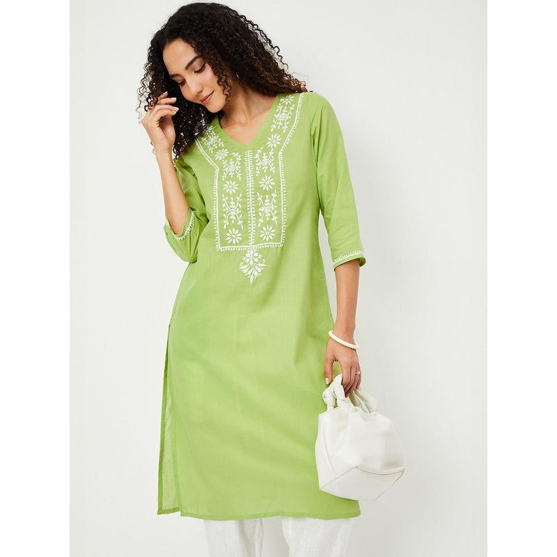 max Floral Embroidered V-Neck Thread Work Straight Kurta