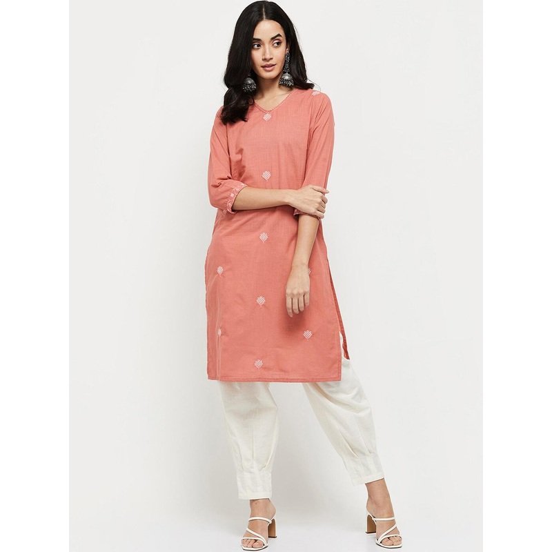max Women Peach-Coloured Solid Cotton Embroidered Kurta