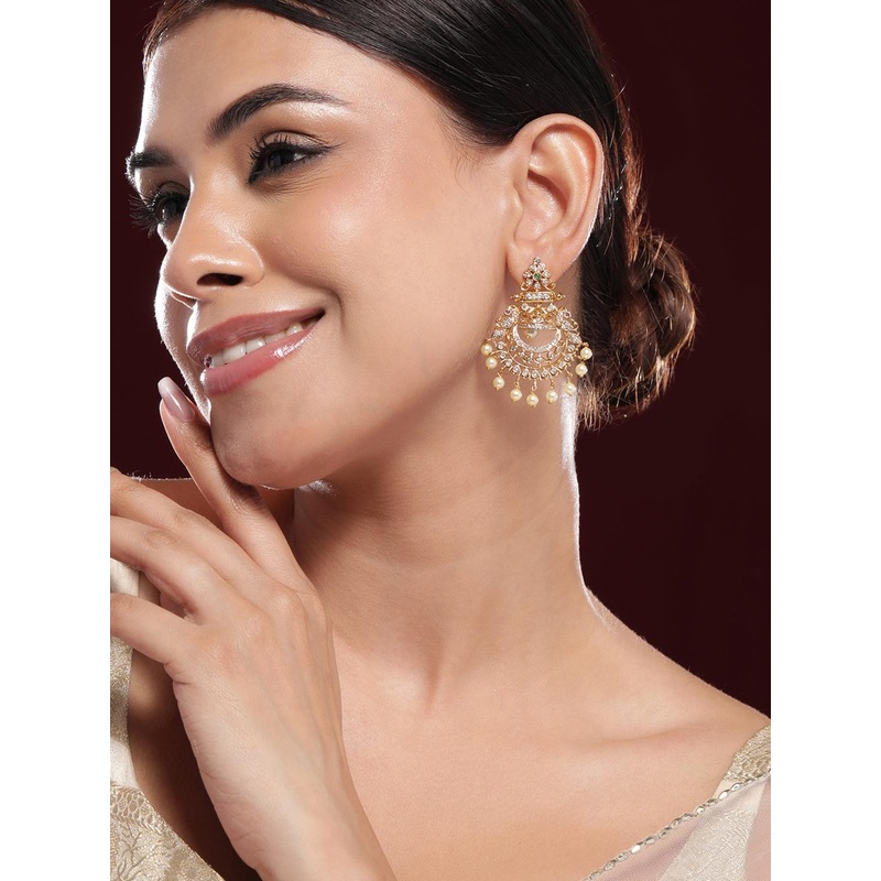 Rubans 18K Gold-Plated Emerald & Cubic Zirconia Studded Chandbali Earrings with Pearl Drop