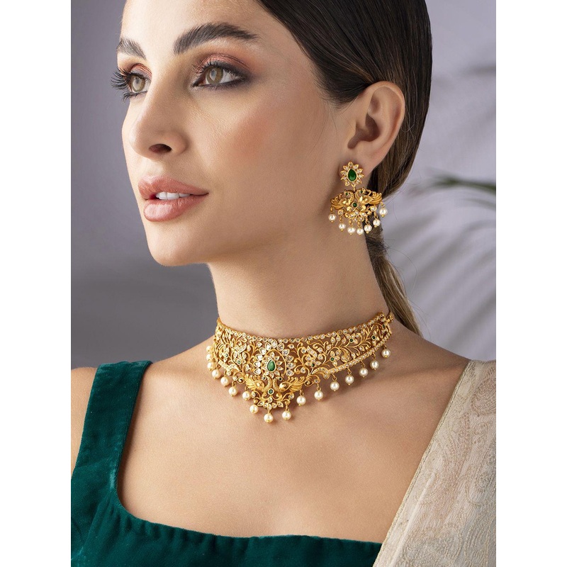 Rubans 22K Gold-Plated Emerald & CZ Studded Pearl Beaded Floral Choker Set