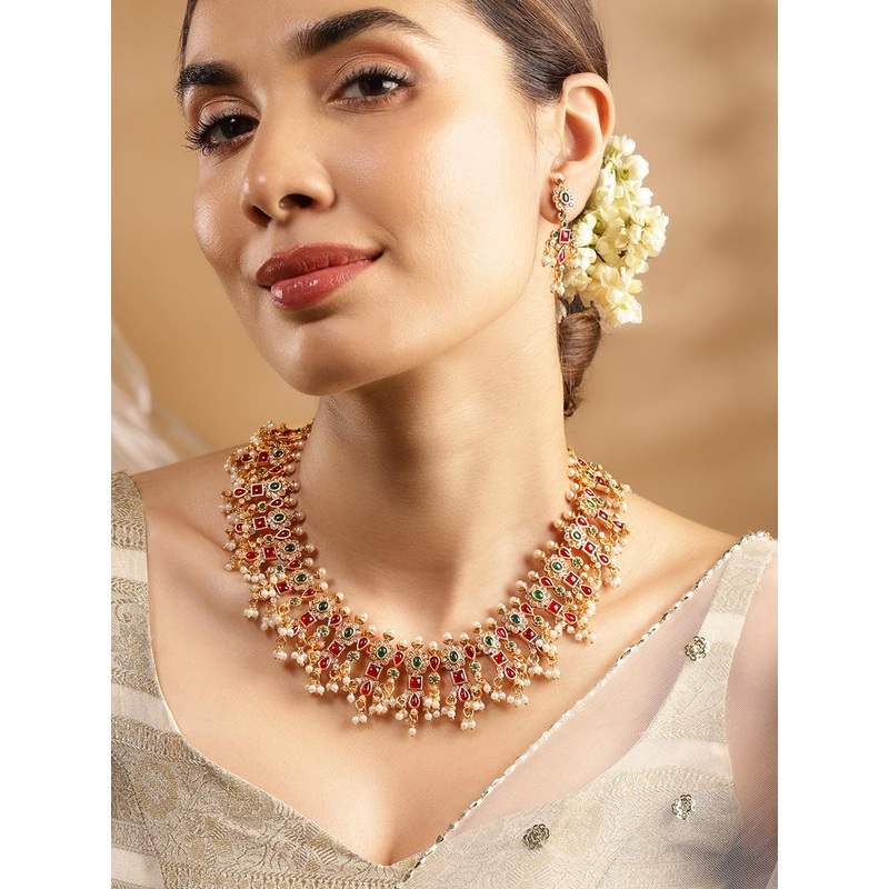 Rubans 24K Gold Plated Handcrafted Ruby & Emerald Studded & Pearl Beaded Jewellery Set