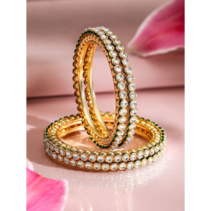 Rubans Set of 4, 22K Gold-Plated Kundan Studded Handcrafted Bangles with Green Borders