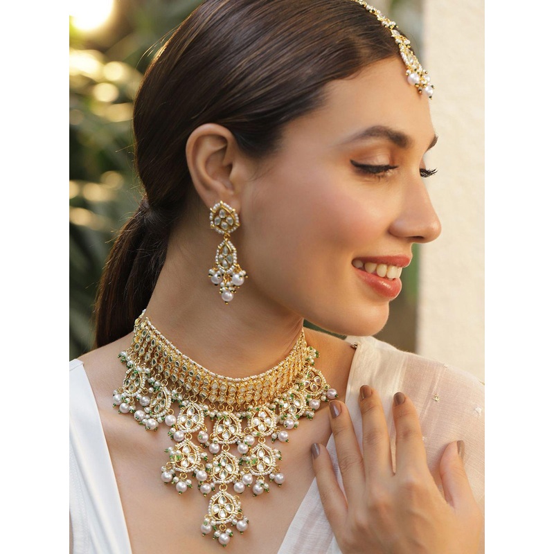Rubans Women 22KT Gold Plated Luxury Kundan Studded White Beaded Choker Necklace Set