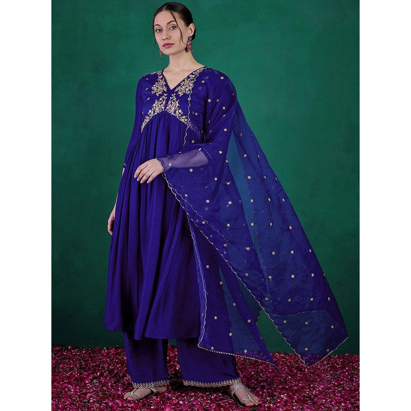 Sangria Blue Floral Embroidered Sequinned V-Neck A-Line Kurta With Palazzo & Dupatta