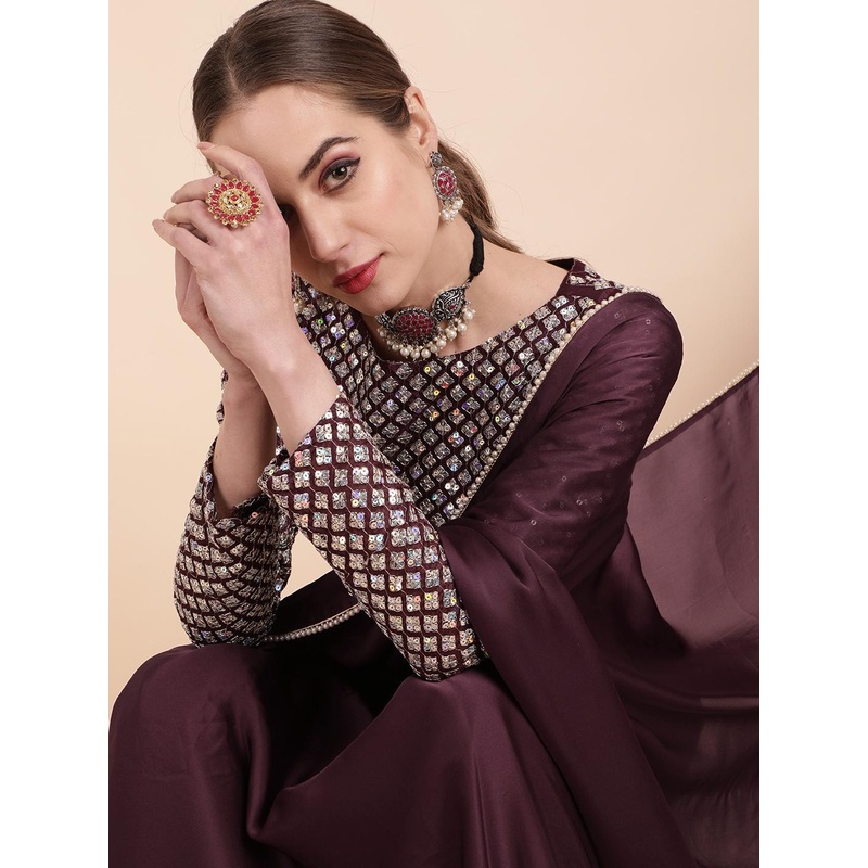 Sangria Burgundy Sequinned Satin Saree