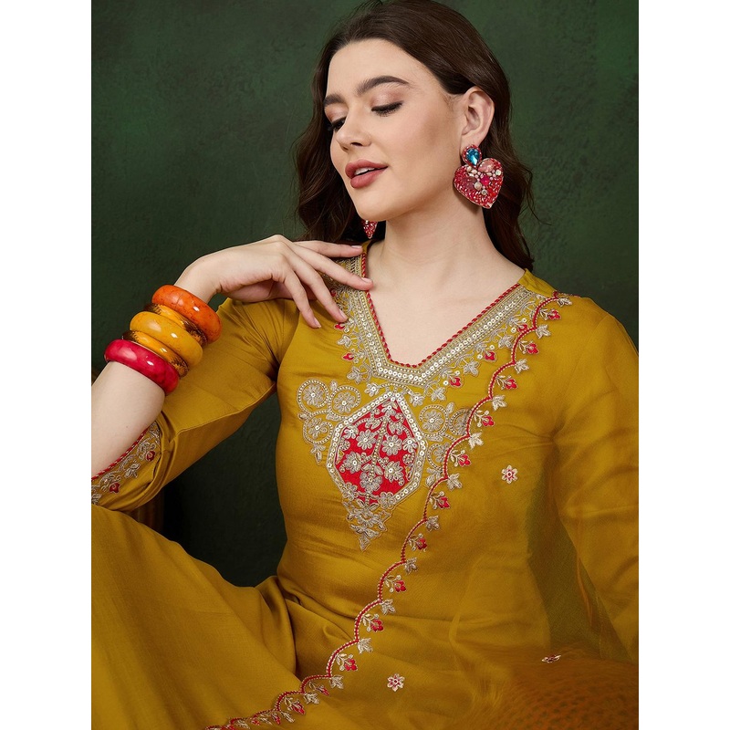Sangria Yellow Floral Embroidered Regular Sequinned Kurta With Trouser With Dupatta