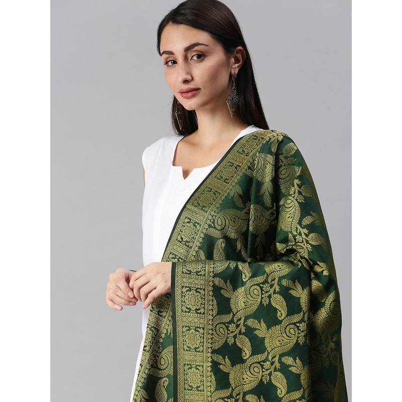 swatika Green & Gold-Toned Ethnic Motifs Woven Design Banarasi Handloom Dupatta with Zari