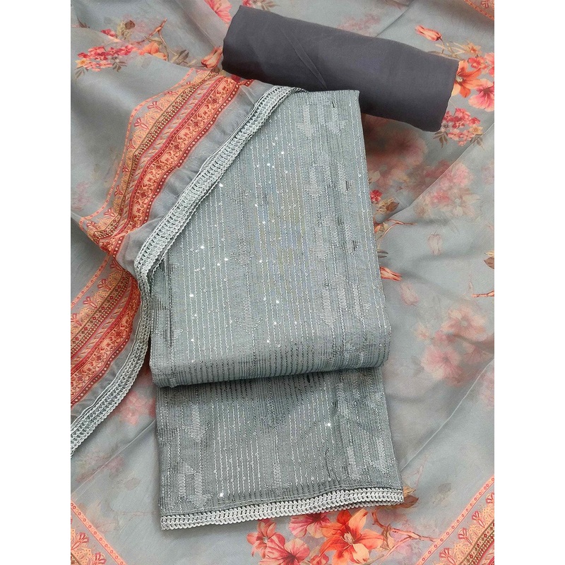 TAVAS Striped Embroidered Sequinned Unstitched Dress Material