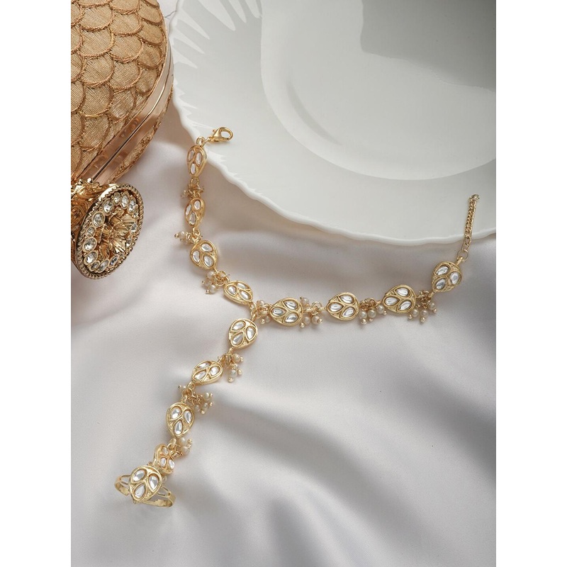 TEEJH Women Pearls Gold-Plated Ring Bracelet