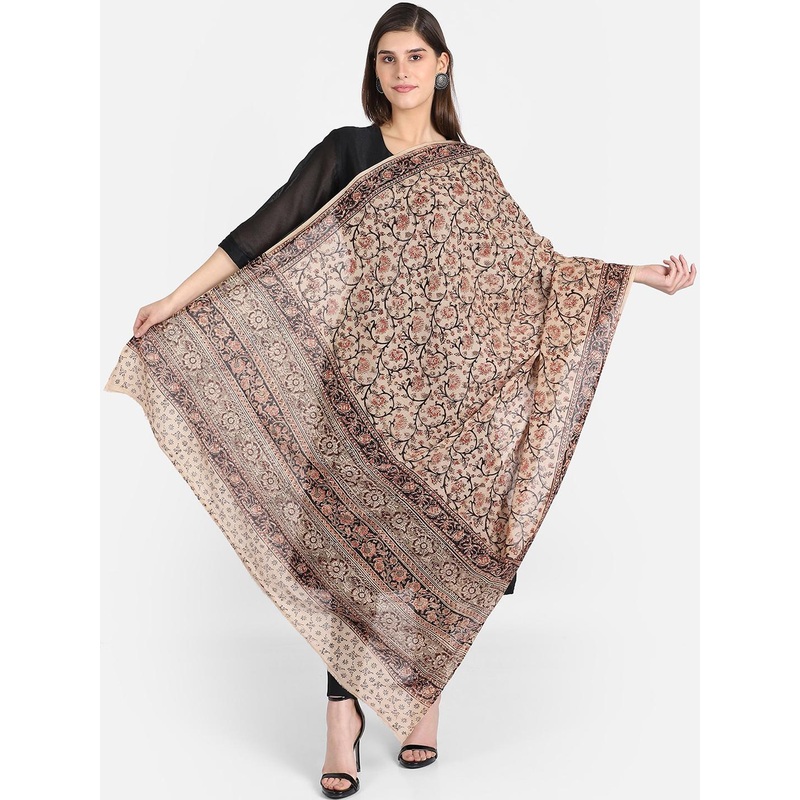 THE WEAVE TRAVELLER Brown & Black Kalamkari Printed Pure Cotton Dupatta