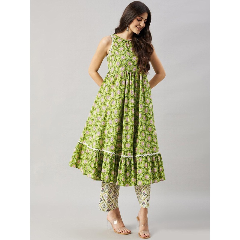 WineRed Floral Printed Sleeveless Empire Anarkali Pure Cotton Kurta With Salwar