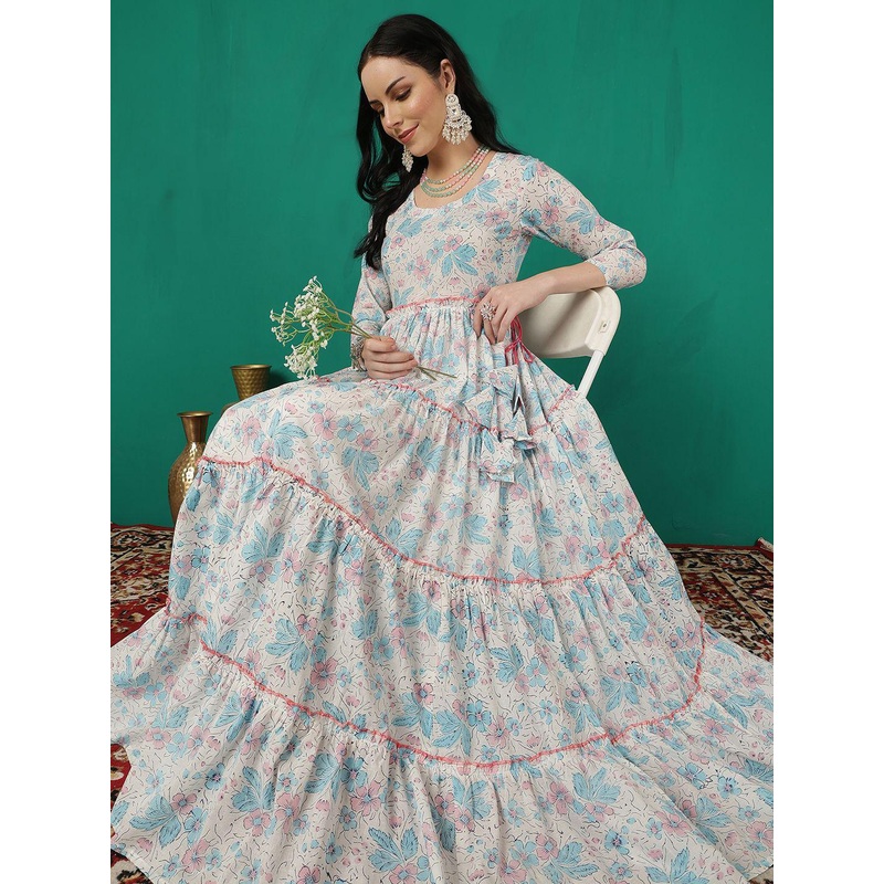 WOMENCLICK Floral Printed Round Neck Tiered Anarkali Kurta