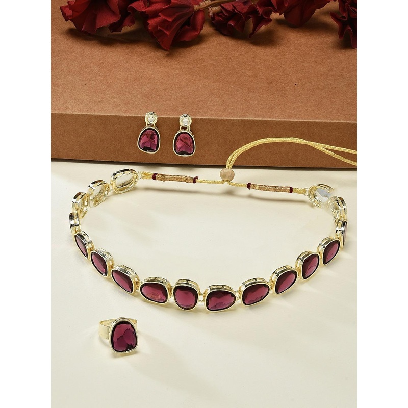 Zaveri Pearls Gold-Plated Stone-Studded Jewellery Set & Finger Ring