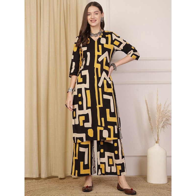 Anouk Black And Yellow Geometric printed V-Neck Pure Cotton Kurta With Palazzos