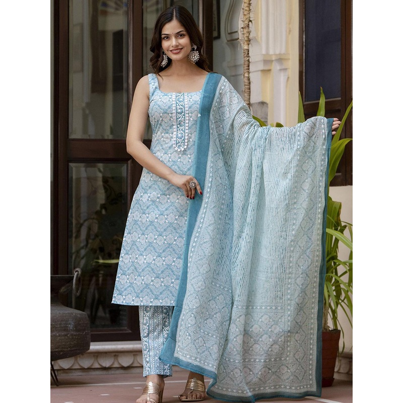 Anouk Rustic Blue Floral Printed Square Neck Pure Cotton Straight Kurta With Trousers & Dupatta