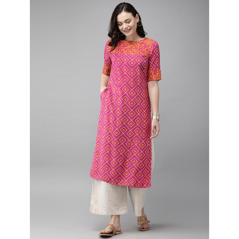 Anouk Women Pink & Mustard Yellow Printed Straight Kurta