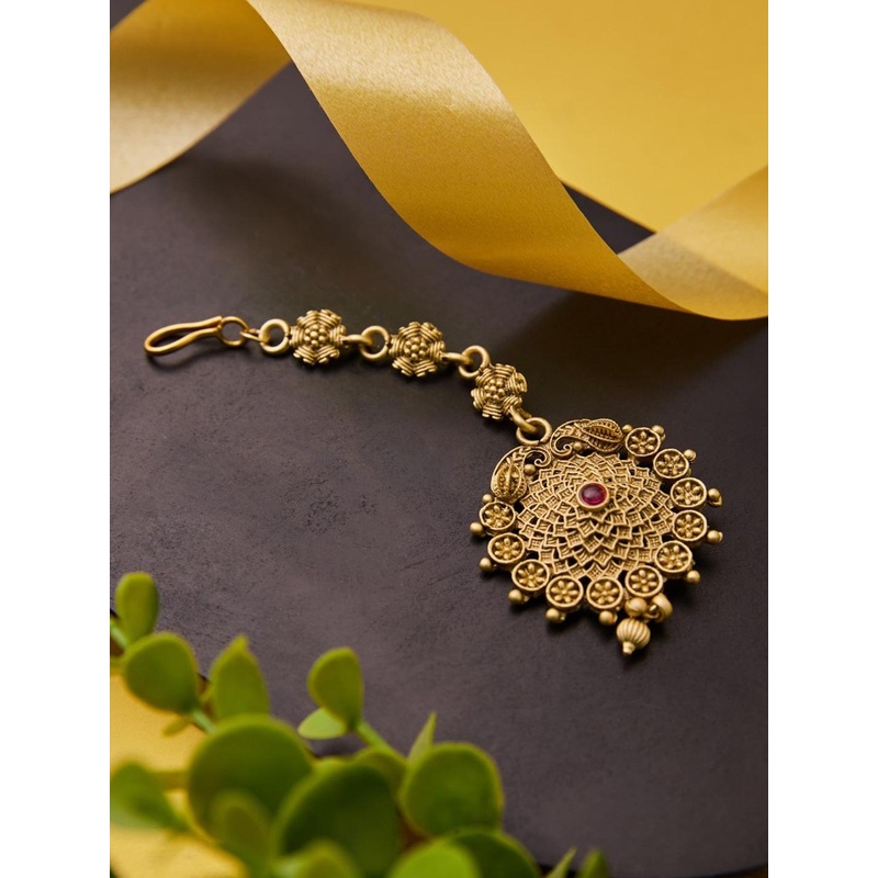 ATIBELLE Gold-Plated Artificial Stones and Beads Studded Maang Tikka Head Jewellery
