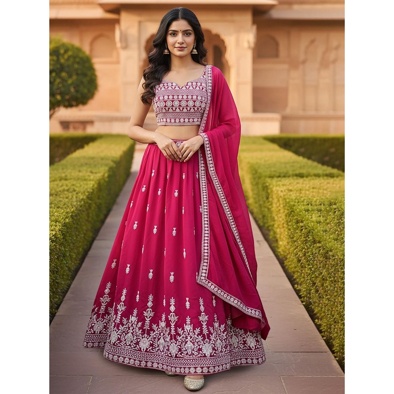BAESD Embroidered Thread Work Semi-Stitched Lehenga & Unstitched Blouse With Dupatta