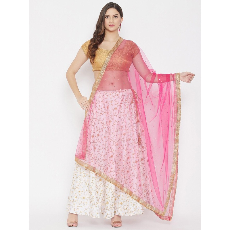 Clora Creation Pink & Gold-Toned Ethnic Motifs Embroidered Net Dupatta with Beads & Stones