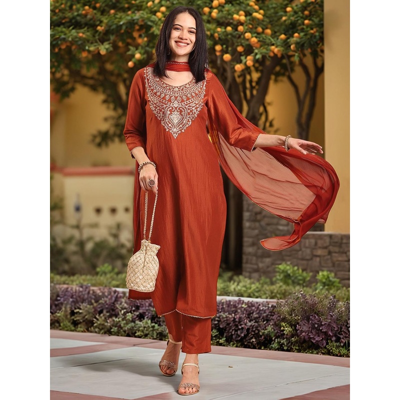 GoSriKi Ethnic Motifs Embroidered Straight Kurta With Trouser & Dupatta