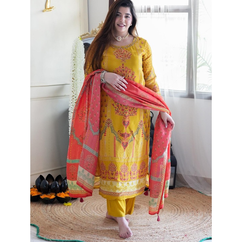 GoSriKi Ethnic Motifs Printed Sequinned Round Neck Straight Kurta With Trousers & Dupatta