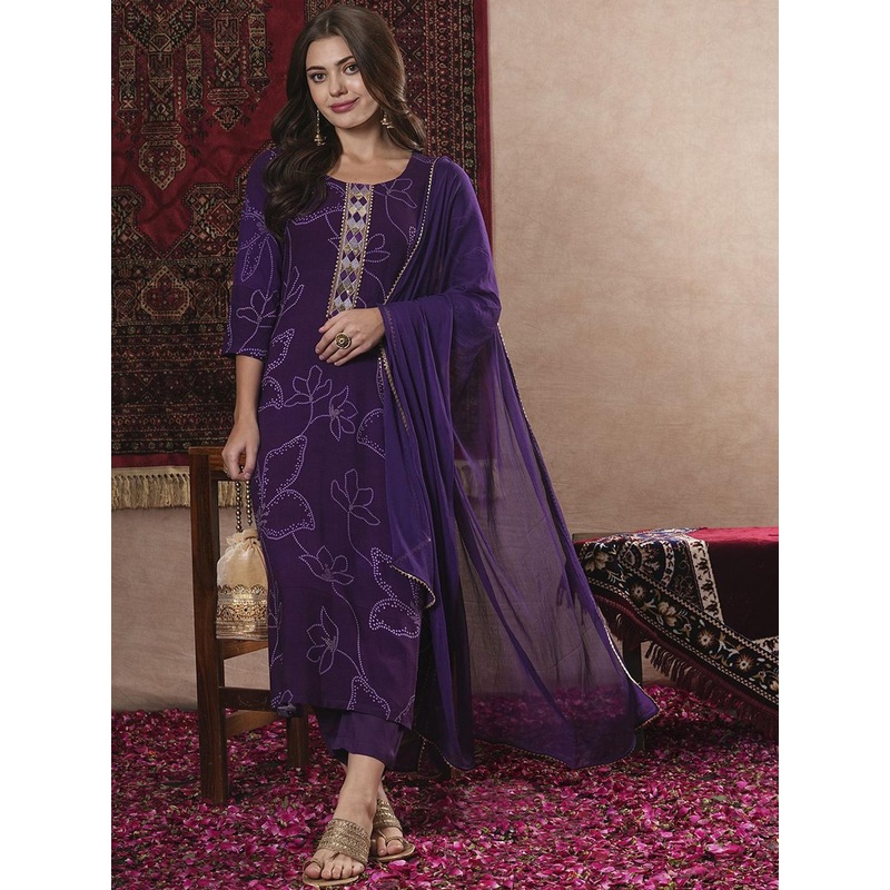 GoSriKi Floral Printed Gotta Patti Straight Kurta with Trousers & Dupatta