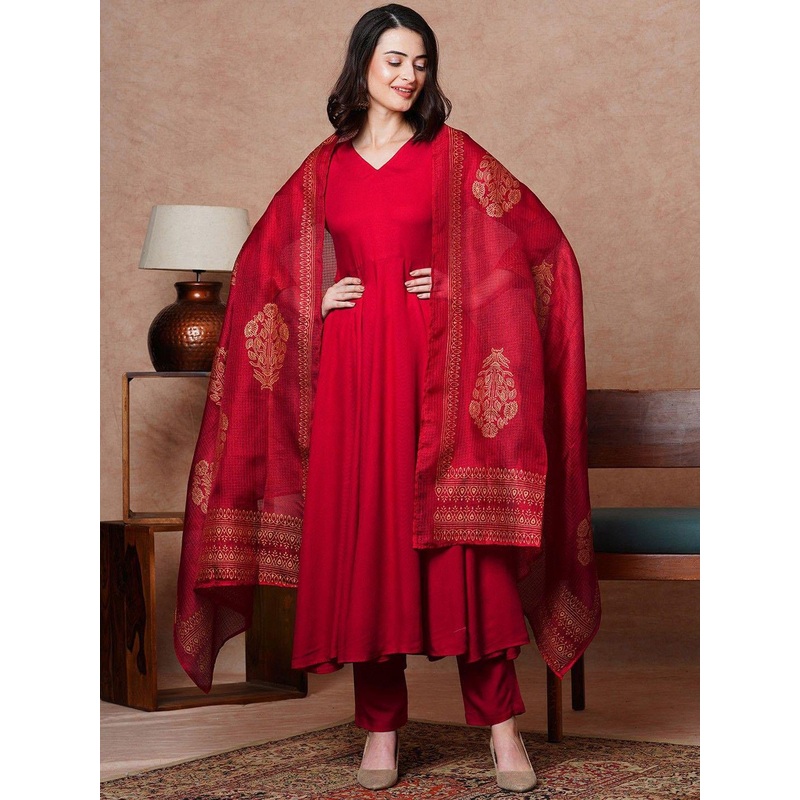 GoSriKi V-Neck Regular Anarkali Kurta with Trousers & Dupatta