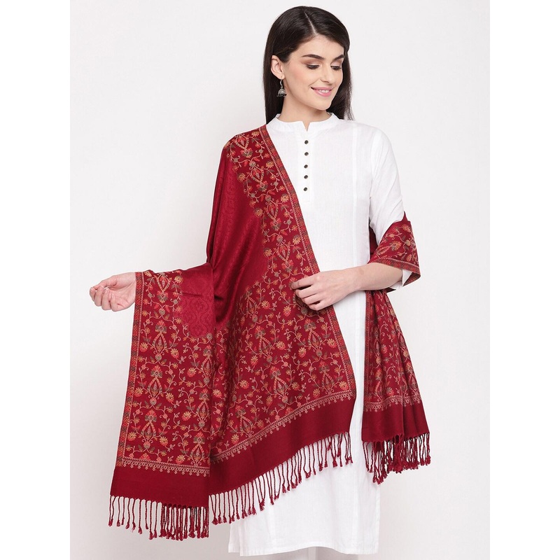 HK colours of fashion Women Maroon Floral Printed Embroidered Acrylic Shawl