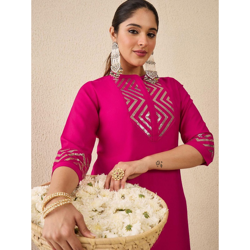 Indo Era Embellished Mandarin Collar Straight Kurta With Trousers Co-Ord Set