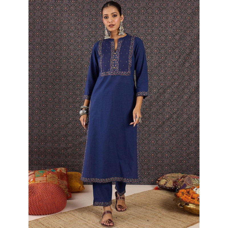 Indo Era Embroidered Notch Neck Thread Work Pure Cotton Kurta With Trousers & Dupatta