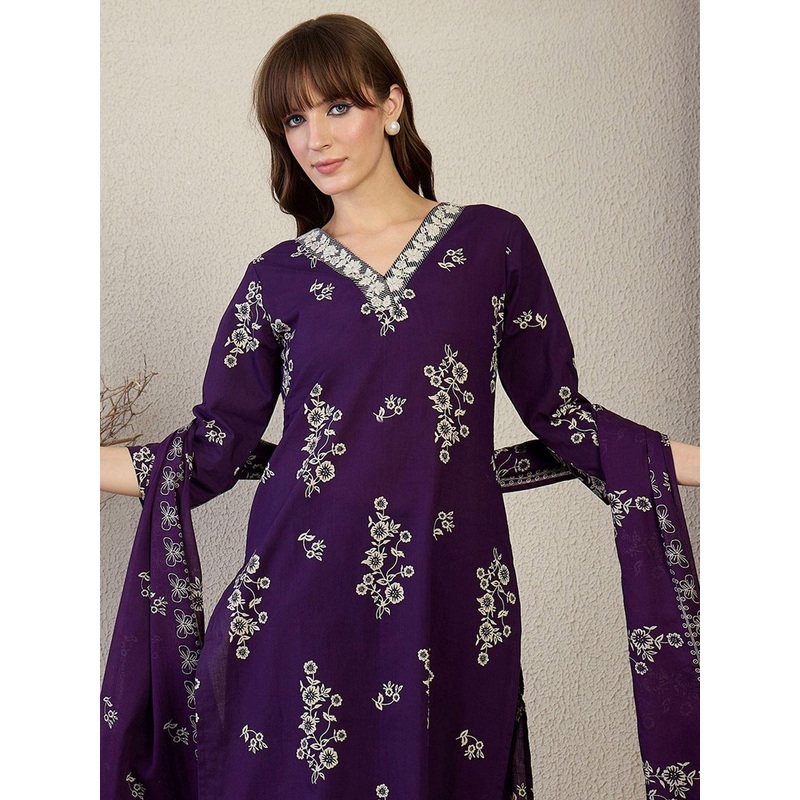 Indo Era Women Floral Printed Regular Pure Cotton Kurta with Trousers &  Dupatta