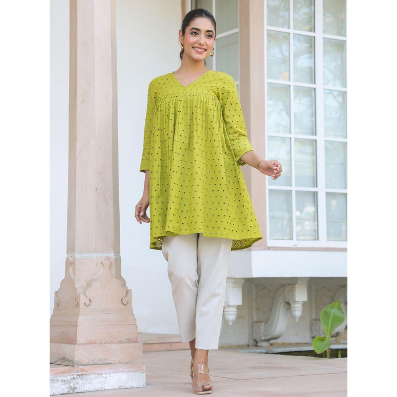 Janasya Women Gathers Schiffli Embroidered Pure Cotton Tunic