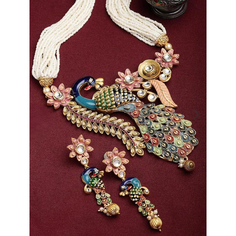 JYONA Gold-Plated Stone-Studded & Pearls Beaded Peacock Jewellery Set