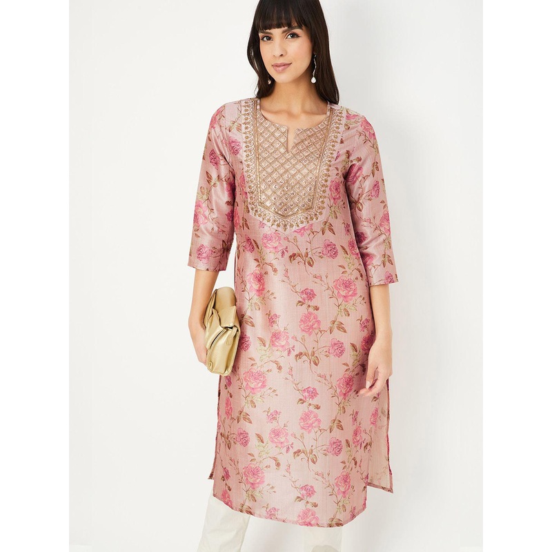 max Floral Printed Notch Neck Thread Work Straight Kurta