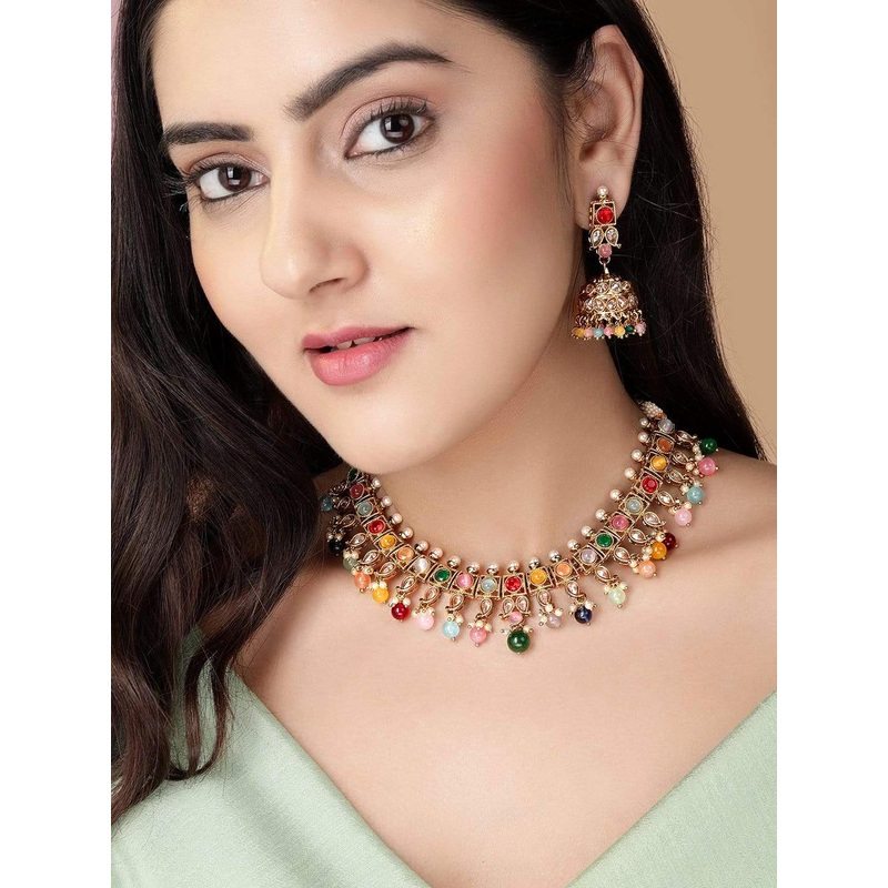 Rubans Gold-Plated Multi Color CZ Studded pearl beaded Handcrafted Jewellery Set