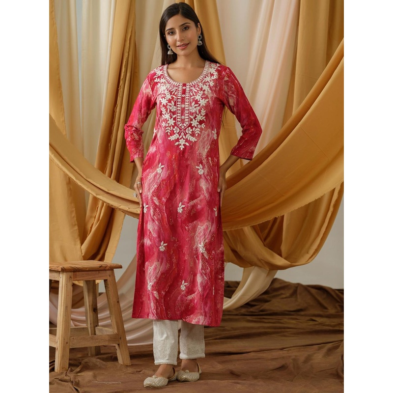 Sangria Abstract Printed and Embroidered Straight Kurta